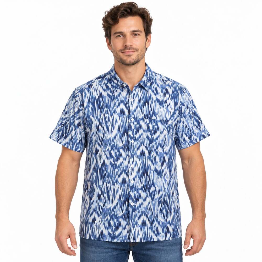 Tasso Elba Shirt Mens Medium Blue White Ikat Print Linen Button Up Short Sleeve